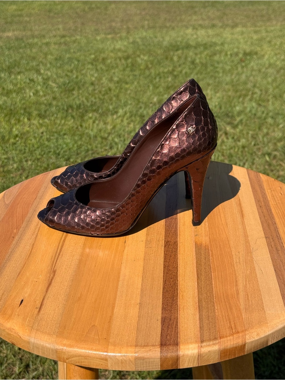 Ladies CHANEL Metallic Bronze Snake-Embossed Peep-Toe Heels